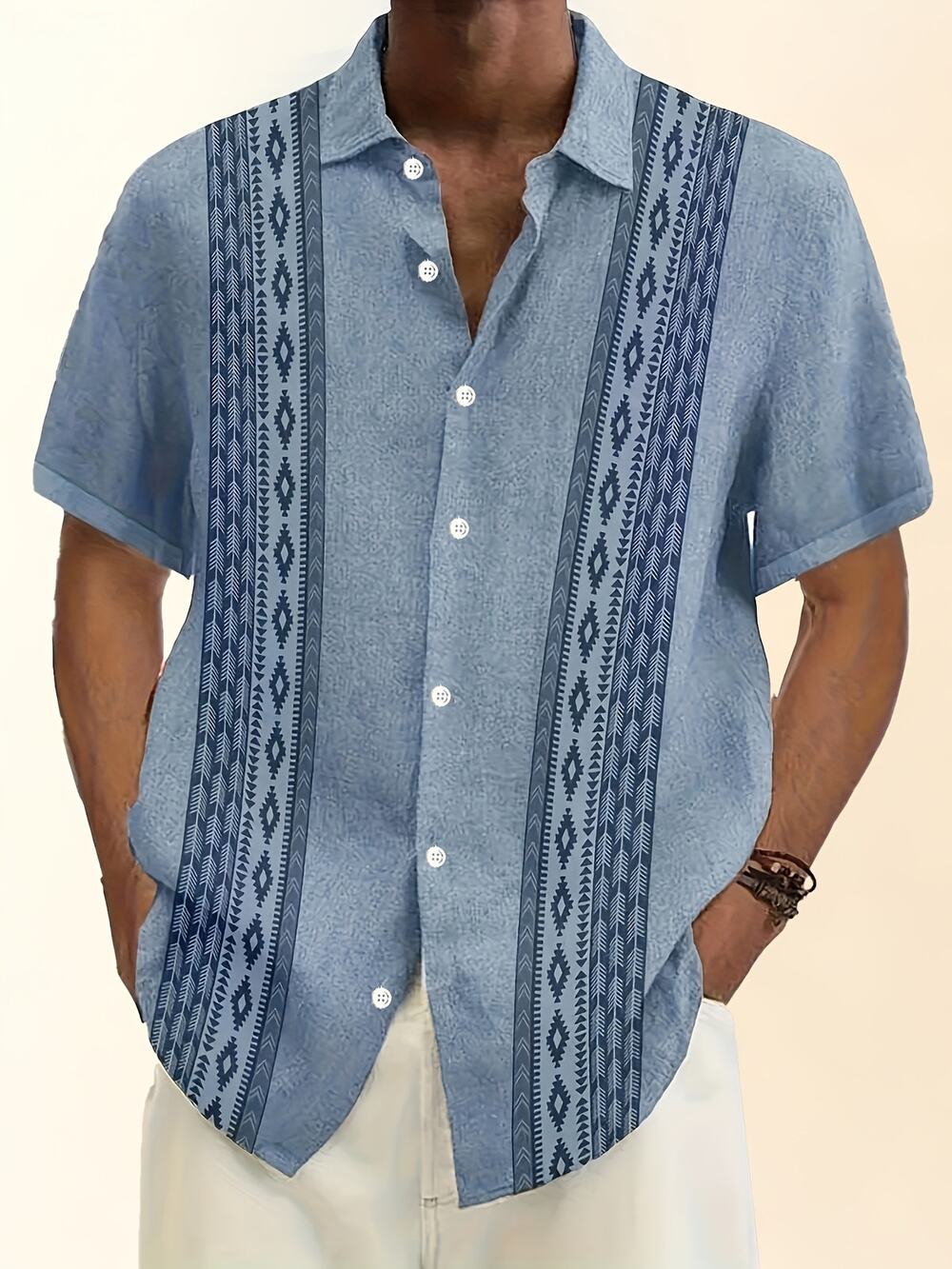 Plus Size Men's Geometric Button Shirt Ethnic Pattern Vintage Blue Hawaiian New